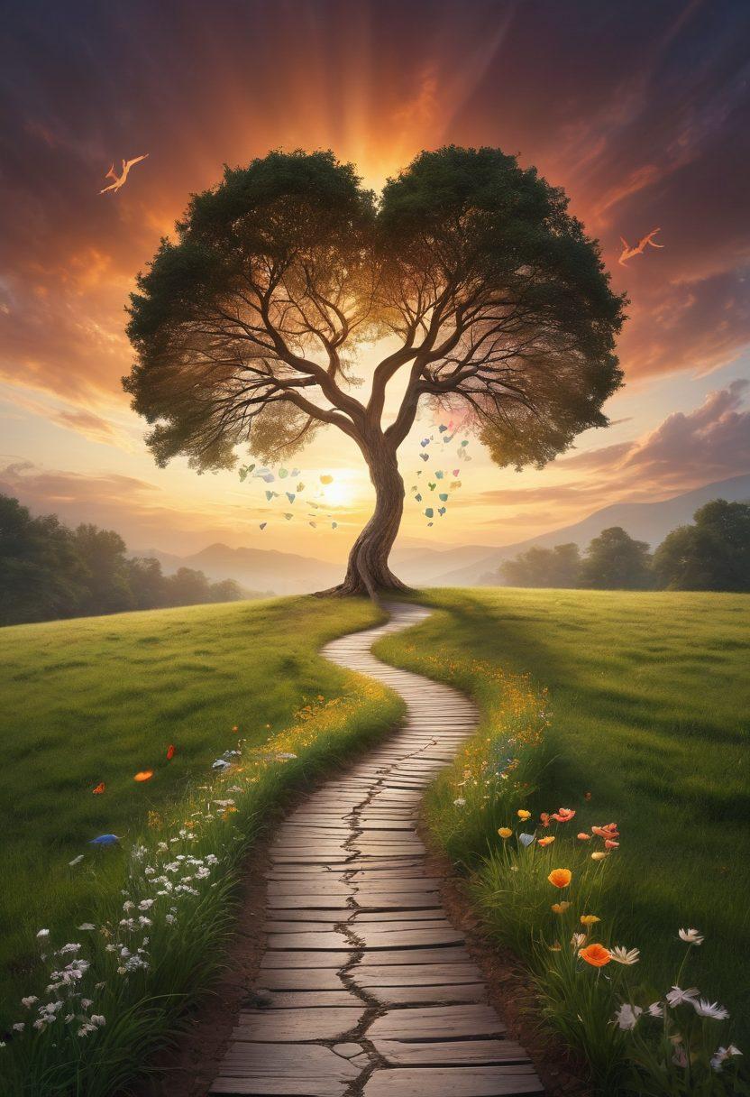 A metaphorical journey depicting a winding path from darkness to light, symbolizing the fight against cancer. Include elements like a strong tree representing strength, hopeful people at various stages, surrounded by innovative medical tools and symbols of support, like ribbons and hearts. The sky transitions from gloomy gray to a vibrant sunrise, signifying hope and resilience. super-realistic. vibrant colors. inspirational.